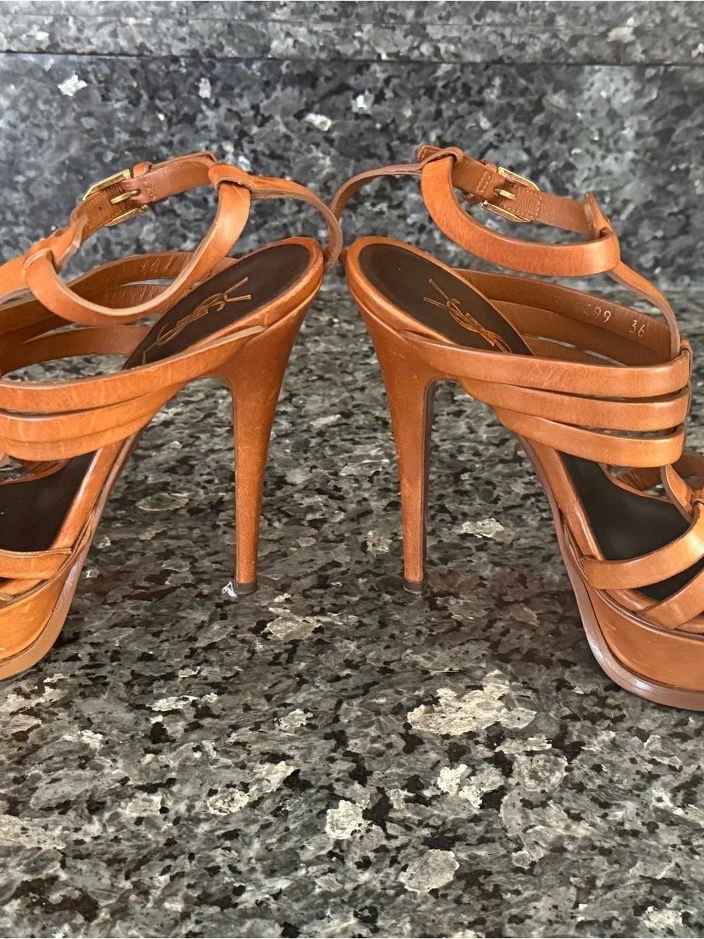 Saint Laurent Cognac Leather Strappy Platform Heels